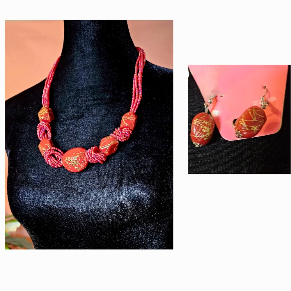 Red Coral Beaded Necklace and Earring Set